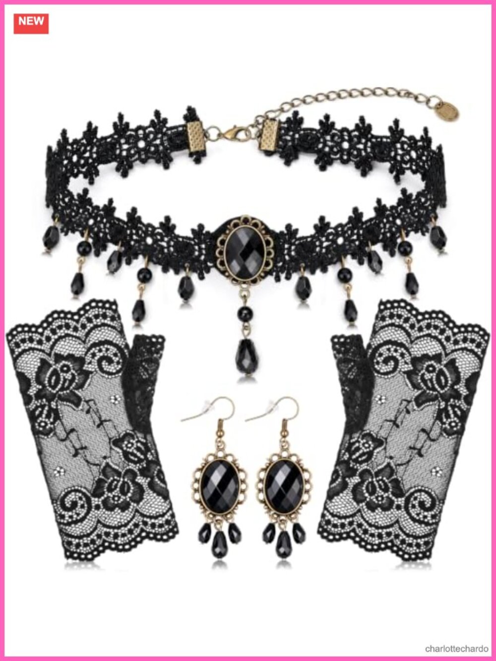 Gothic Lace Gloves Choker Earrings 5pc Costume Accessory Set Victorian Vampire